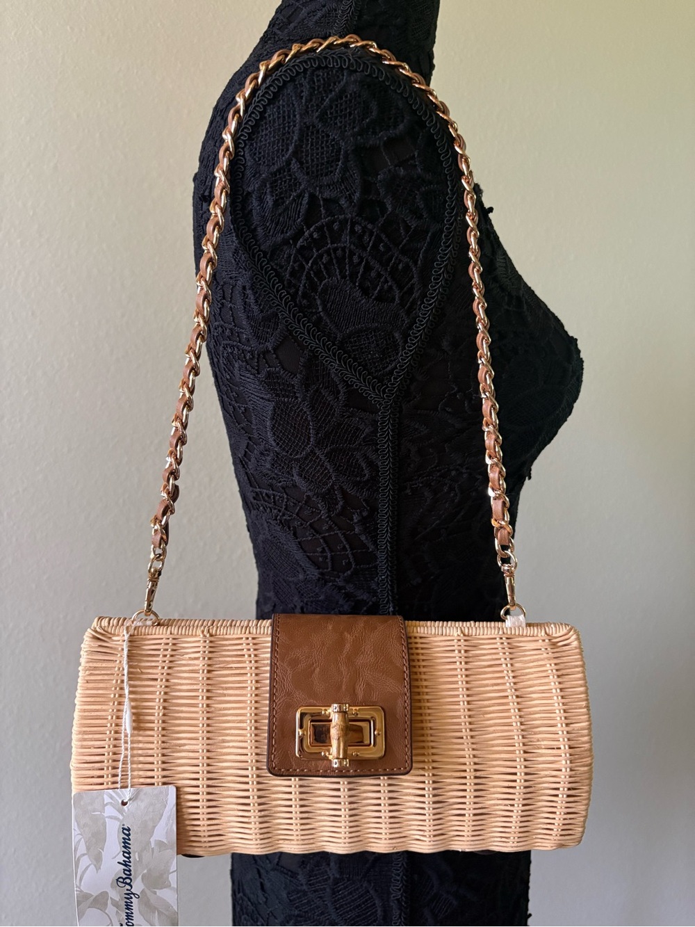 Tommy Bahama Beige Wicker Clutch with Brown Trim and Gold Chain